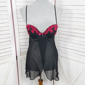 Delicates Rosettes Sheer Chiffon Camisole Babydoll Nightie Black Small